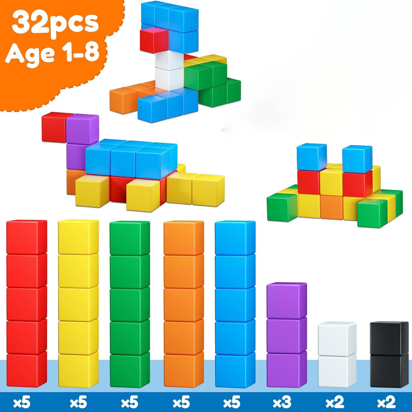 32PCS Magnetic Building Blocks for Toddlers Age 3-5 Magnet Cubes Toys Educational Sensory Toys 1-3 Christmas Birthday Gifts for Kids Ages 3 4 5 6 Year Old Boys Girls