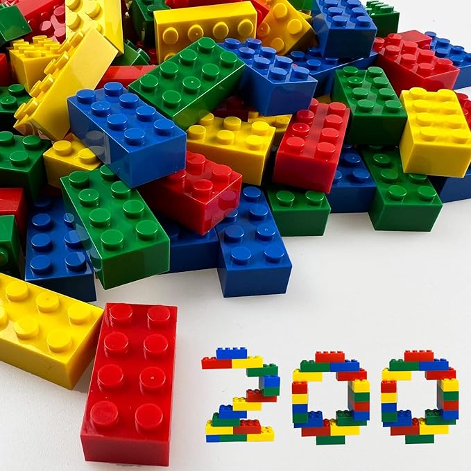 200 Piece Classic Building Bricks, 2x4 Bulk Bricks Creative Building Toys, Red, Yellow, Blue, Green
