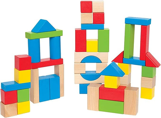 Maple Wood Kids Building Blocks Stacking Wooden Block Educational Toy Set for Toddlers, 50 Brightly Colored Pieces in Assorted Shapes and Sizes