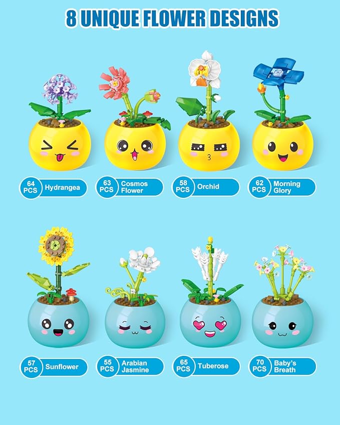 8 Pack Party Favors for Kids Building Set-494PCS Mini Succulent Flowers Building Blocks Sets for Classroom Prizes,Goodie Bag Stuffers,Birthday Children's Day Gifts for Boys Girls 6+