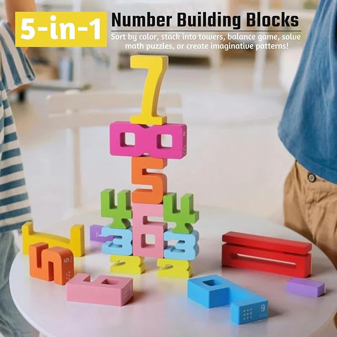 20PCS Wooden Number Building Blocks 1-10 - Math Stacking Number Blocks Toys with Counting Games, Bright Digital Building Blocks Friends of 10, Learning Toys for Kids Ages 3-8