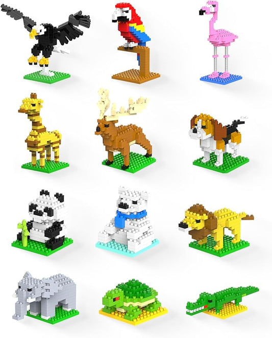 Party Favors for Kids, 12 Pack Mini Animals Building Blocks Sets for Goodie Bags, Prize Box Toys for Kids, Fillers, Prizes, Christmas Birthday Gifts  Educational Brick Kits(1222 Pcs)