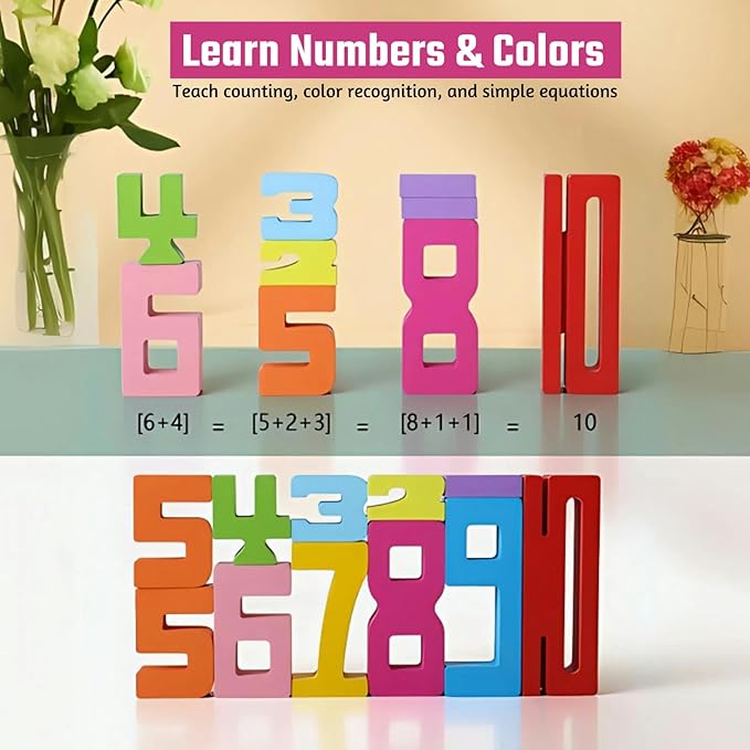 20PCS Wooden Number Building Blocks 1-10 - Math Stacking Number Blocks Toys with Counting Games, Bright Digital Building Blocks Friends of 10, Learning Toys for Kids Ages 3-8