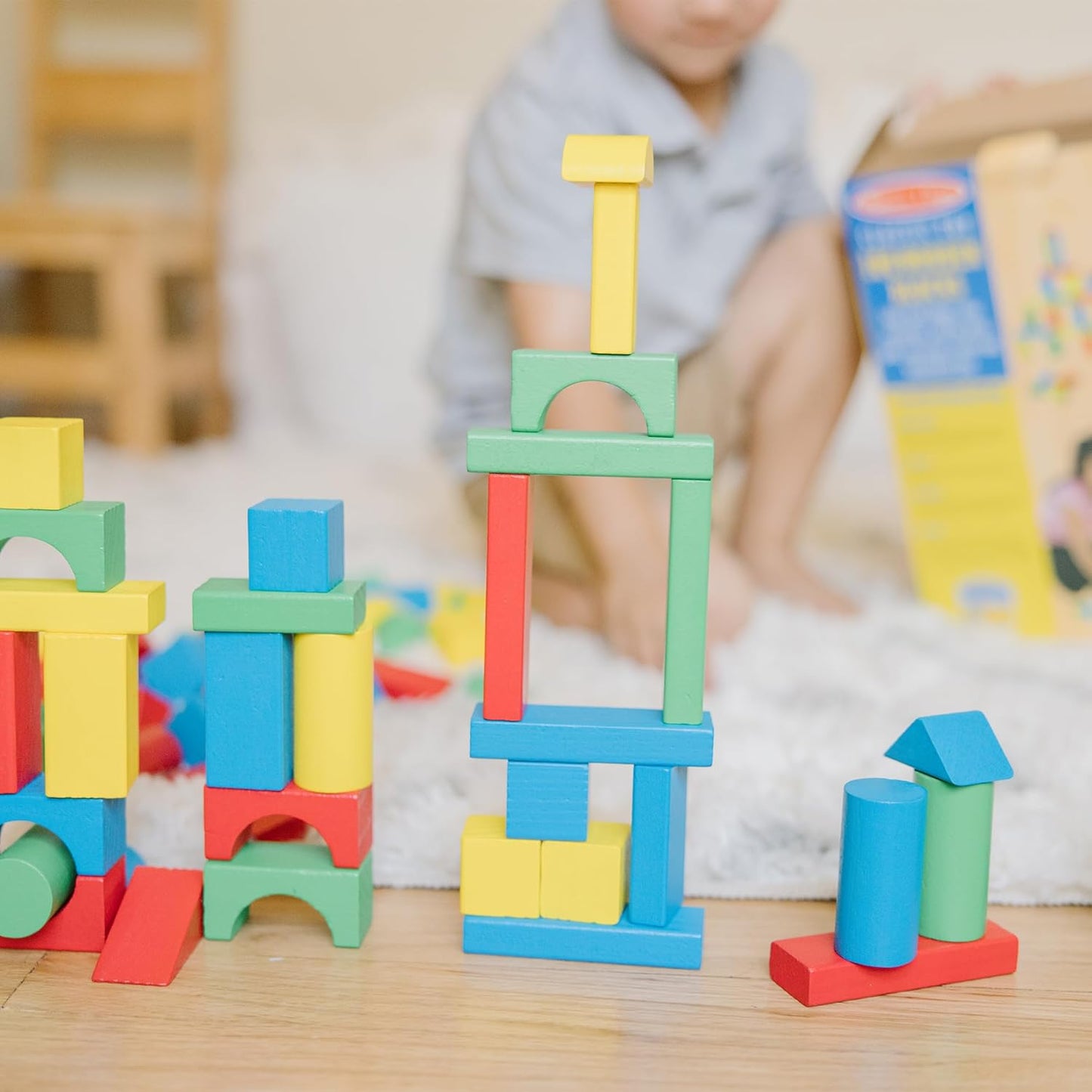 Wooden Building Blocks Set - 100 Blocks in 4 Colors and 9 Shapes