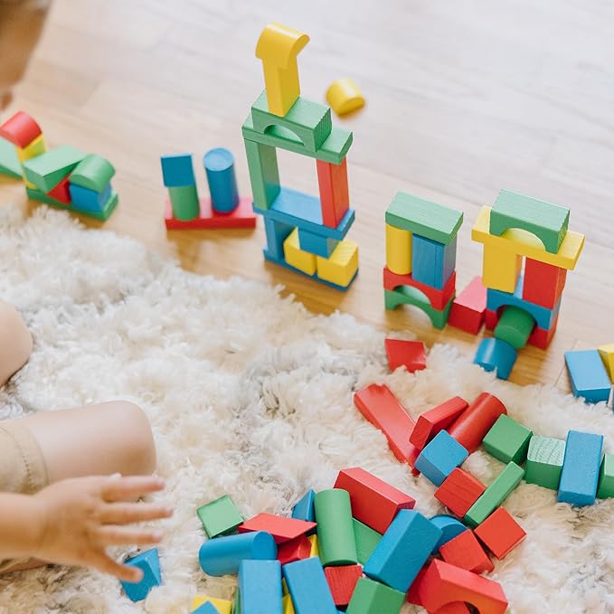 Wooden Building Blocks Set - 100 Blocks in 4 Colors and 9 Shapes