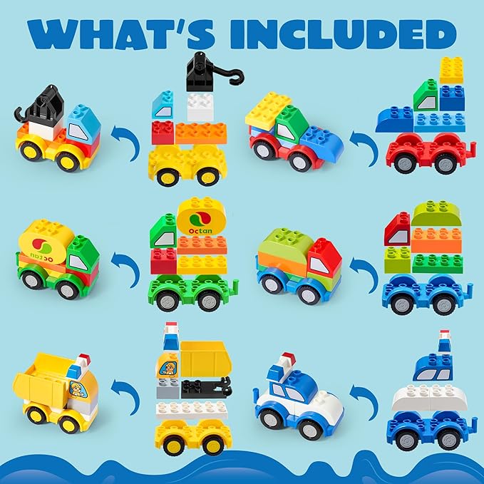 80Pcs Toddlers Car Building Blocks Set, 12Pcs Different Vehicles, Build Your Own Toy Cars,  Bricks for Kids Boys Girls Birthday Easter Gift