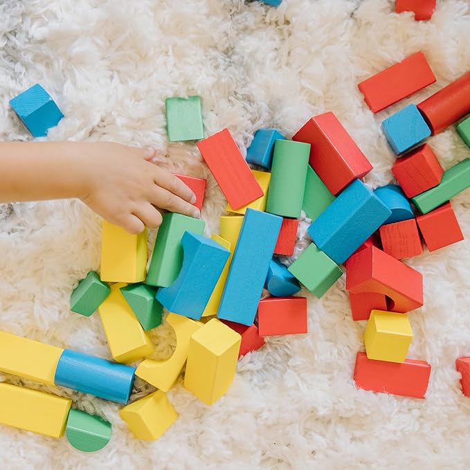 Wooden Building Blocks Set - 100 Blocks in 4 Colors and 9 Shapes