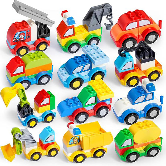 80Pcs Toddlers Car Building Blocks Set, 12Pcs Different Vehicles, Build Your Own Toy Cars,  Bricks for Kids Boys Girls Birthday Easter Gift