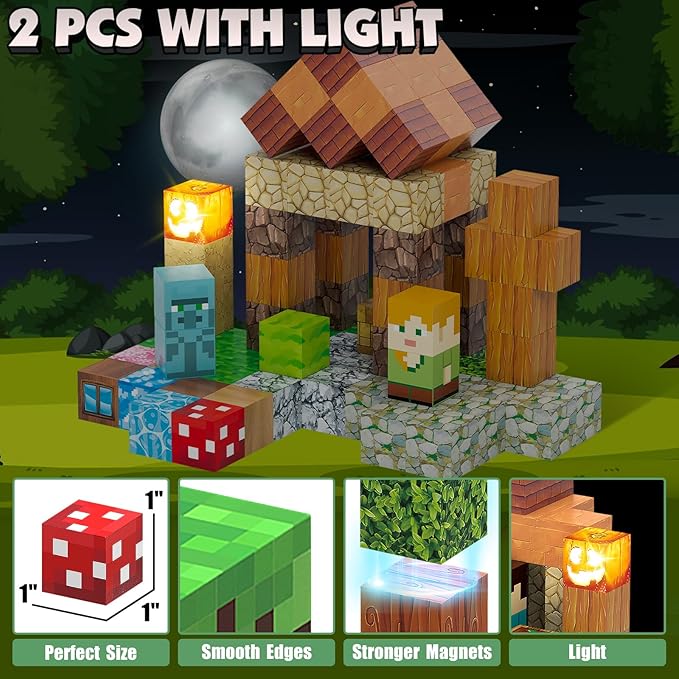 Magnetic Blocks Toy Building Set for Kids 3+, Light Up Magnetic Building Blocks, 3D Construction Build Toys  Sensory Magnet Cubes Christmas Birthday Present